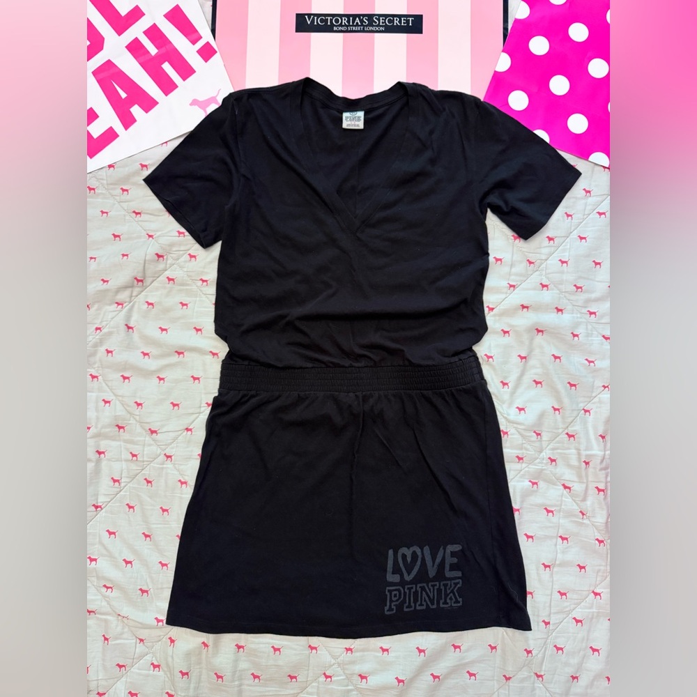 VS PINK VINTAGE Y2K TEE SHIRT ROUCHED BABYDOLL DRESS BLACK LOVE LOGO HTF RARE LG - Picture 2 of 9